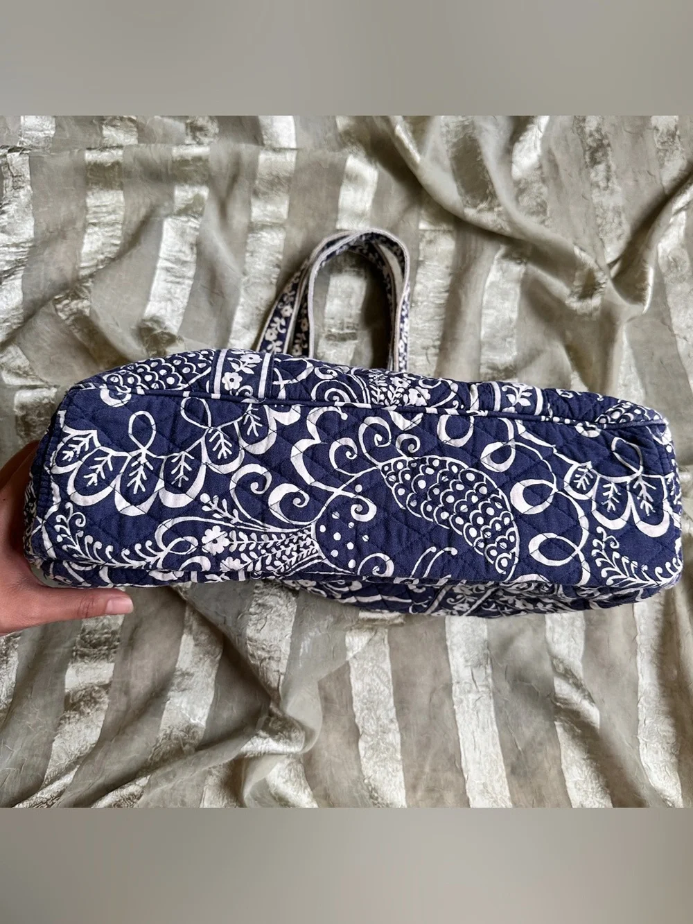 Vera Bradley Twirly Bird Blue Navy and White Quilted Floral Shoulder Bag